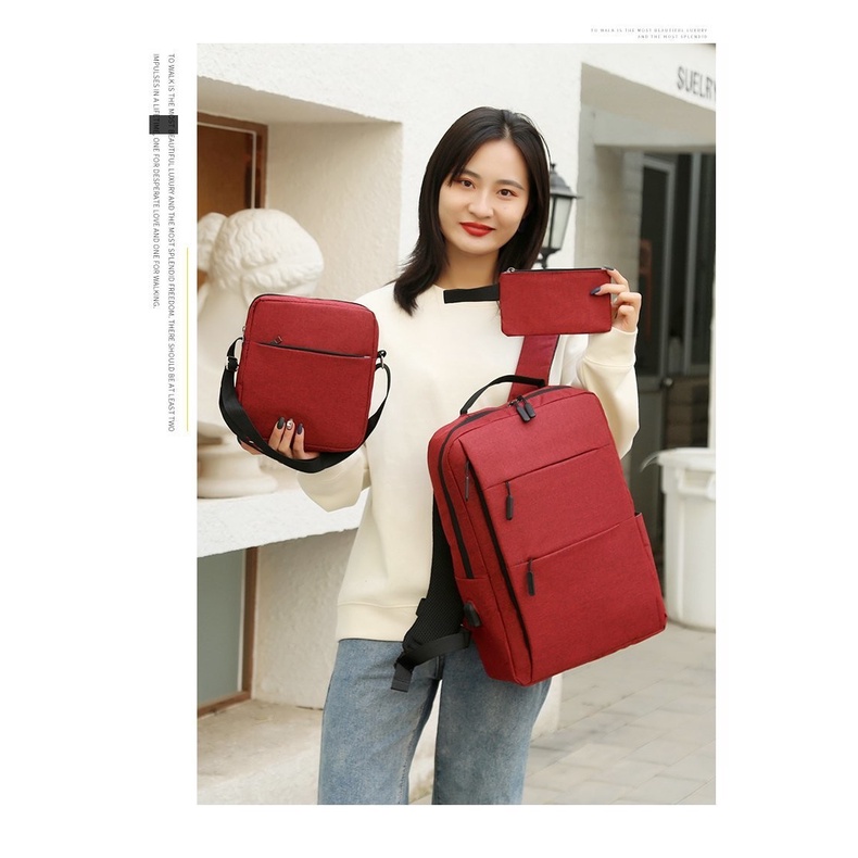 LP B10 Tas Ransel Pria &amp; Wanita Backpack Laptop Model Korea Import Ori USB 3 in 1 13 14 Inchi Leptop Asus Acer Lenovo HP Power Bank Charger Tali Selempang Kantong Pouch Botol Air Minum Besar Warna Hitam Abu Casual Premium Laki Cowok Cewek Perempuan Kasual