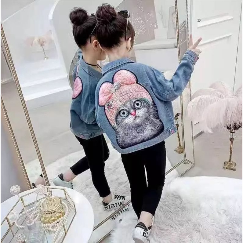 jaket jeans anak bleusandwash, black sandwash, bio blitz, biowash motif kucing LED