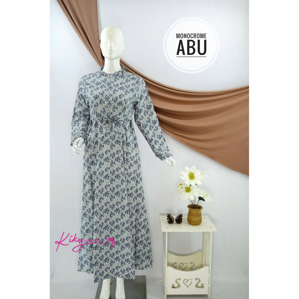 Gamis Katun Jepang Original Kekinian Cantik Wanita Dewasa Motif Monochrome Abu Hitam Navy Putih L