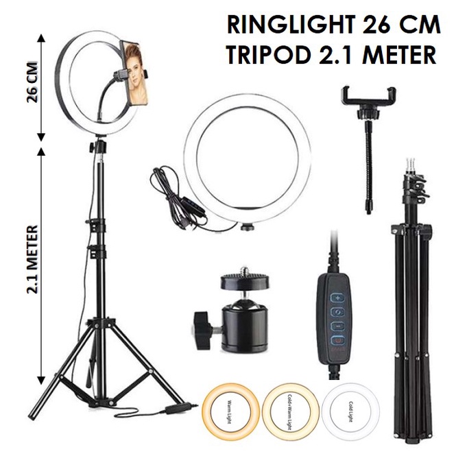 Paket Komplit Ringlight 26cm + Tripod 2,1 Meter Vlog Lampu Ringlight 3 Mode Cahaya 360 Derajat Ball Head