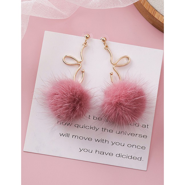 LRC Anting Tusuk Fashion Pink Line Petal Hair Ball Earrings D63802