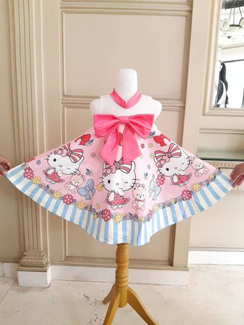 81098 HELLO KITTY RIBBON RED PINK BLUE / DRESS HELLOKITTY ANAK /GAUN PESTA ULANG TAHUN IMPORT KOREA