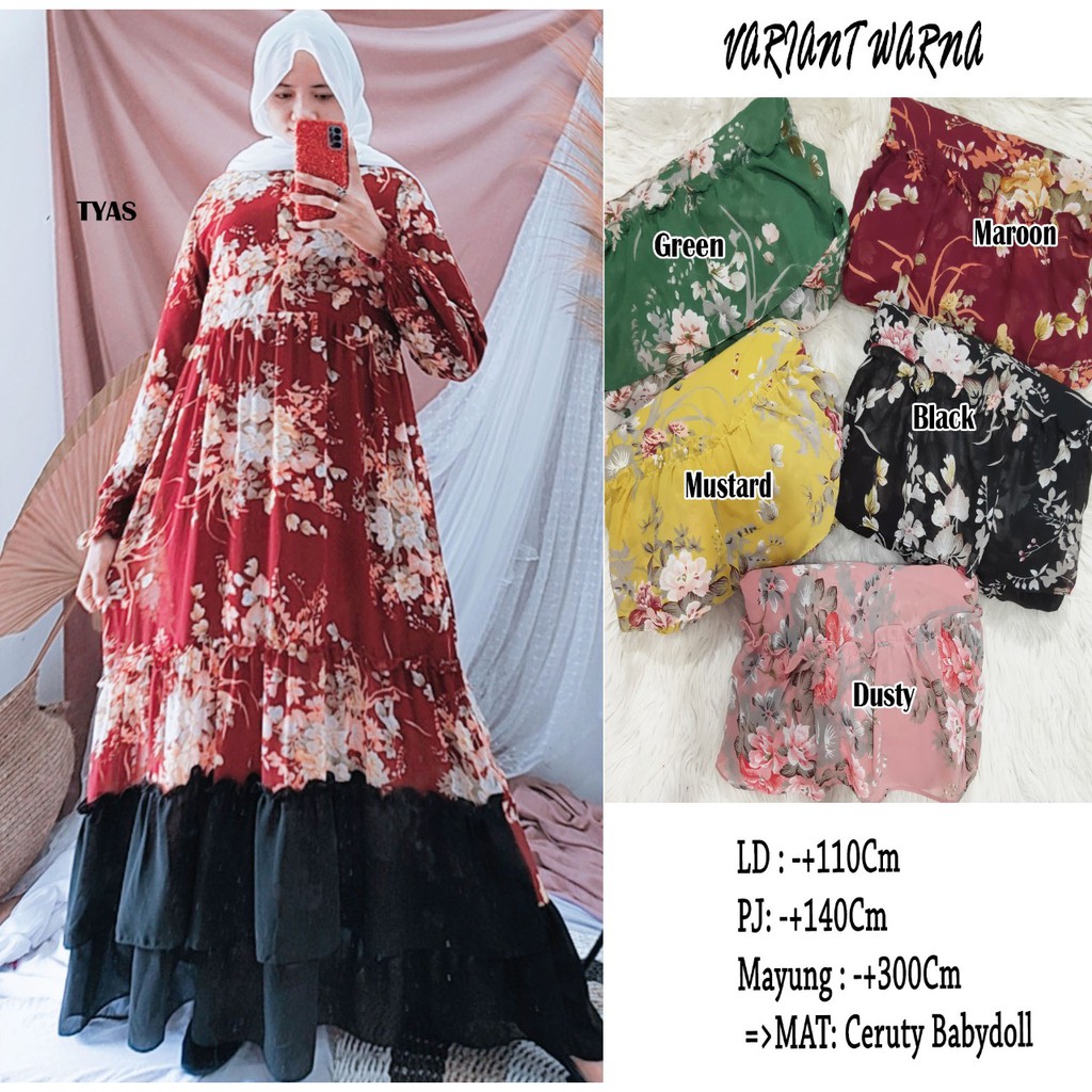 Gamis ceruty babydoll rempel Motif Bunga