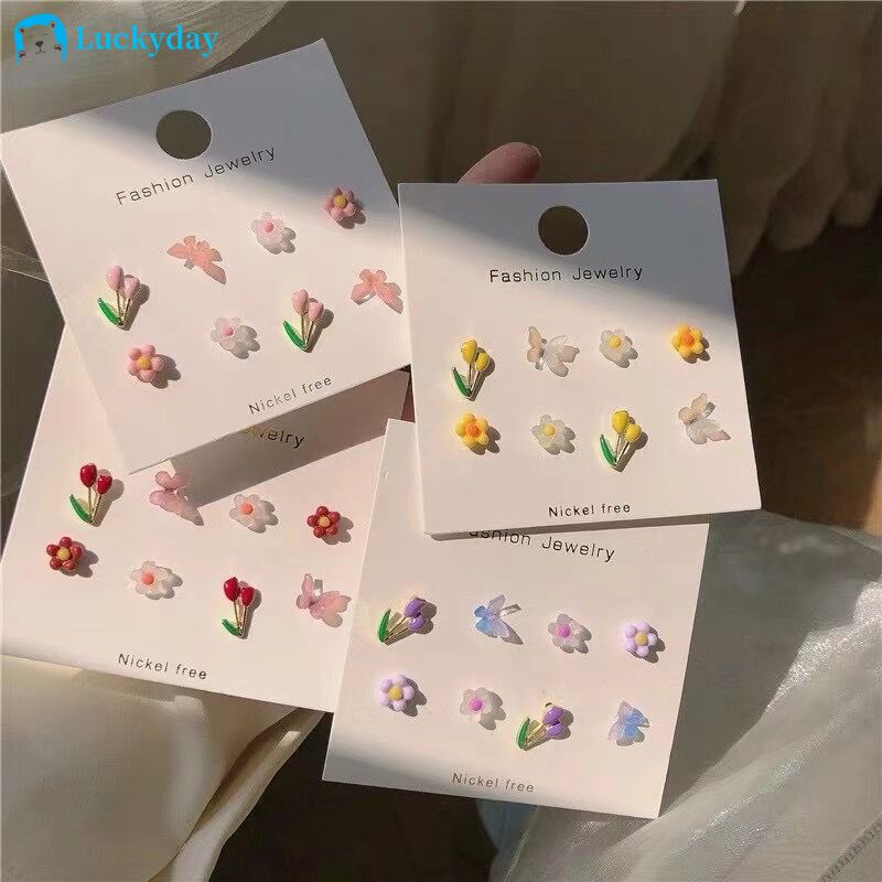 YEEZII Set Anting Stud Desain Bunga Butterfly Hati Mutiara Warna-Warni Untuk Wanita