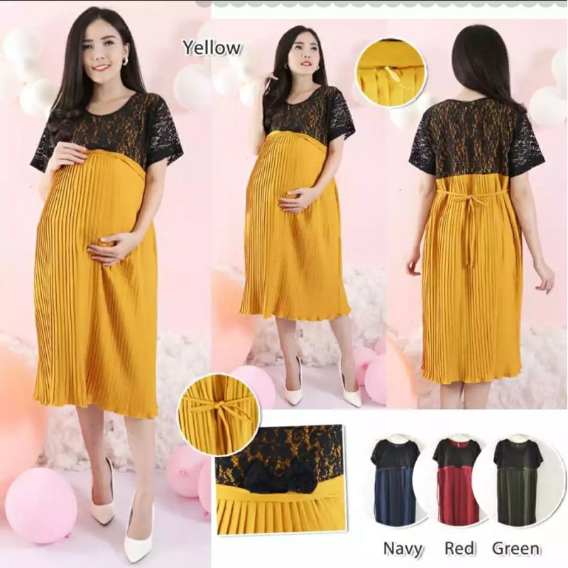 Dress hamil/pakaian hamil/stelan baju hamil/dress hamil brukat-Ds,yellow
