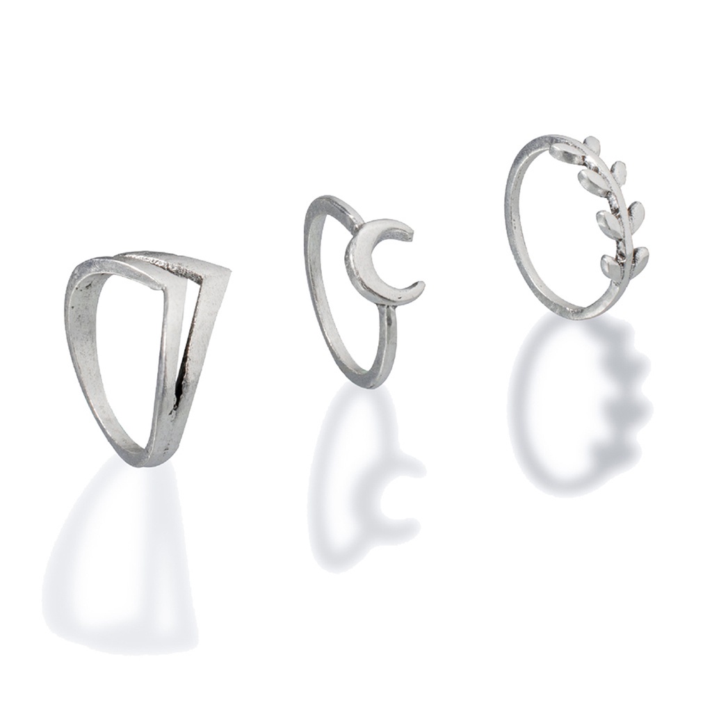 Huluboy 7pcs / Set Cincin Bentuk Salib / Bulan / Daun Bahan Alloy Electroplate Untuk Wanita