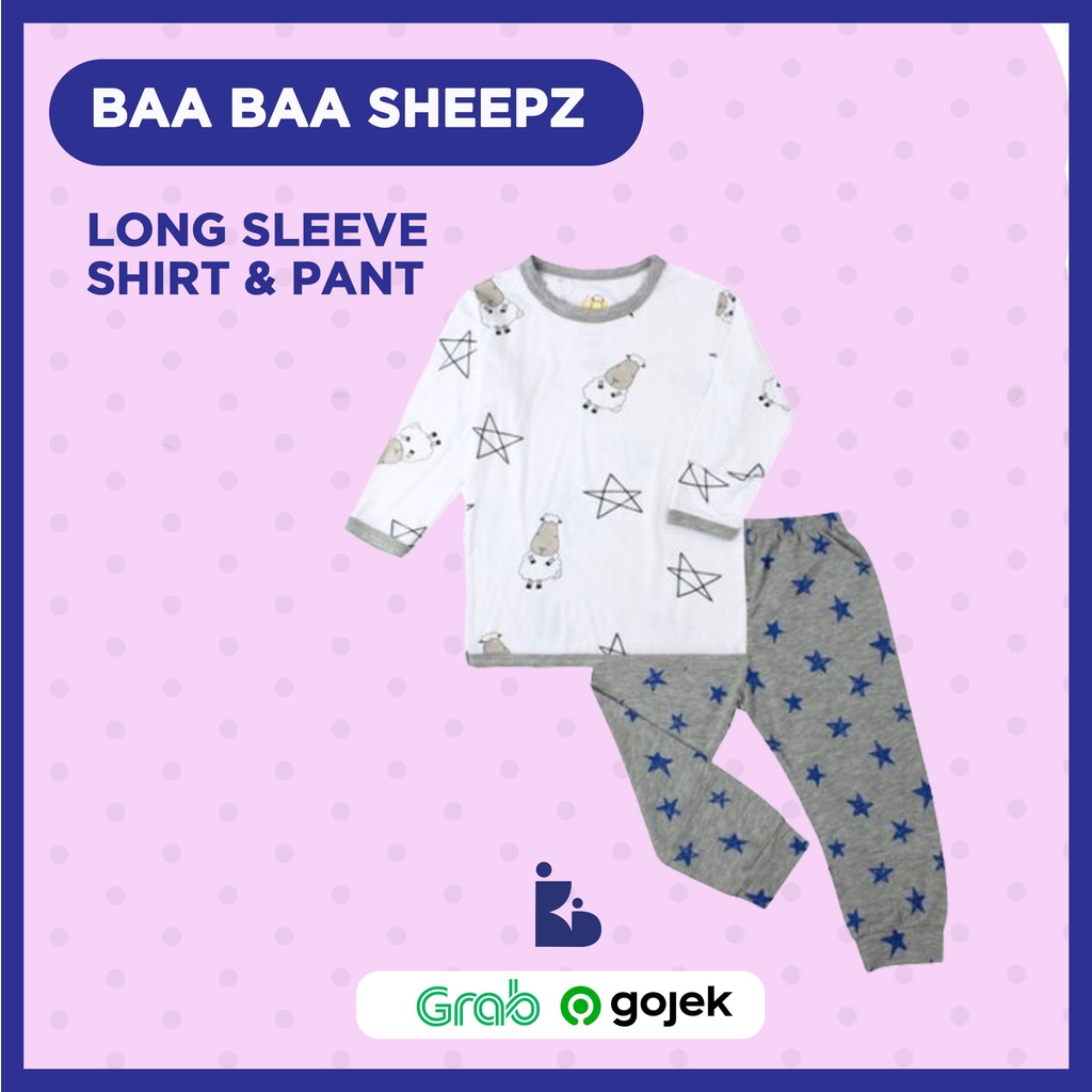 Baa Baa Sheepz Long Sleeve Shirt &amp; Pant - Big Sheep White/Star Blue | Setelan Baju | Setelan Atas Bawah | Setelan Motif