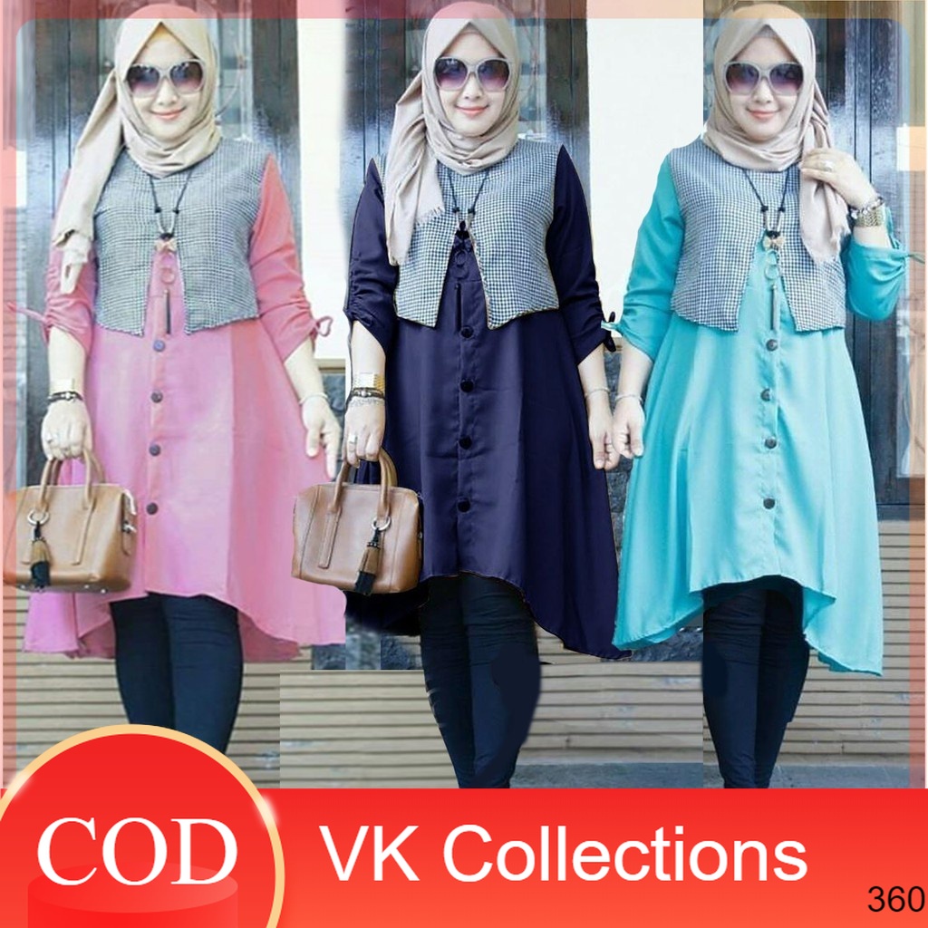TUNIK KANCING HIDUP SYARI MOSCREPE PREMIUM MOTIF KOTAK LENGAN PANJANG KANCING