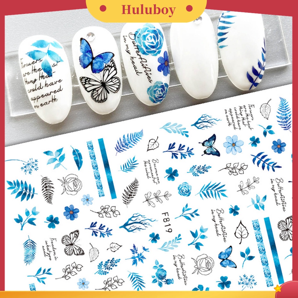 Huluboy Huluboy♡ Stiker Kuku Efek Glitter 3D Ultra Tipis Motif Daun Geometri Untuk Dekorasi Manicure