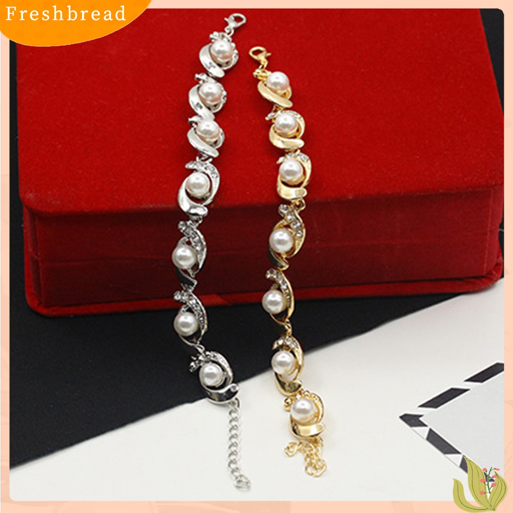 Terlaris Women Faux Pearl Rhinestone Inlaid Charm Bracelet Bangle Adjustable Jewelry Gift