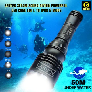 Senter Selam Scuba Diving Powerful LED Cree XM-L T6 5Mode Rechargeable