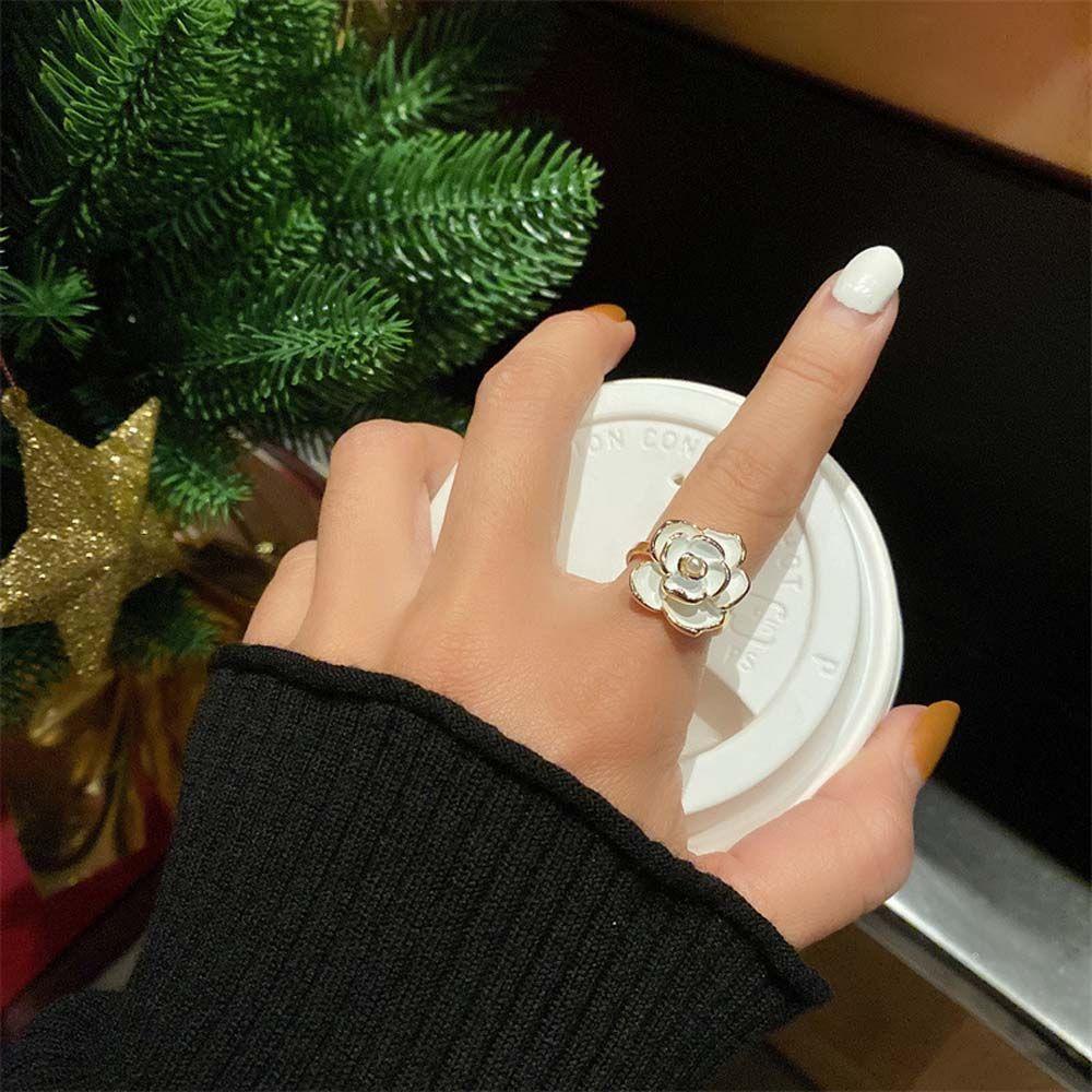 Mxbeauty Camellia Cincin Trendi Halus Dapat Disesuaikan Mutiara Tetes Minyak Bunga Engagement Ring Alloy Gadis Wanita Terbuka Ring