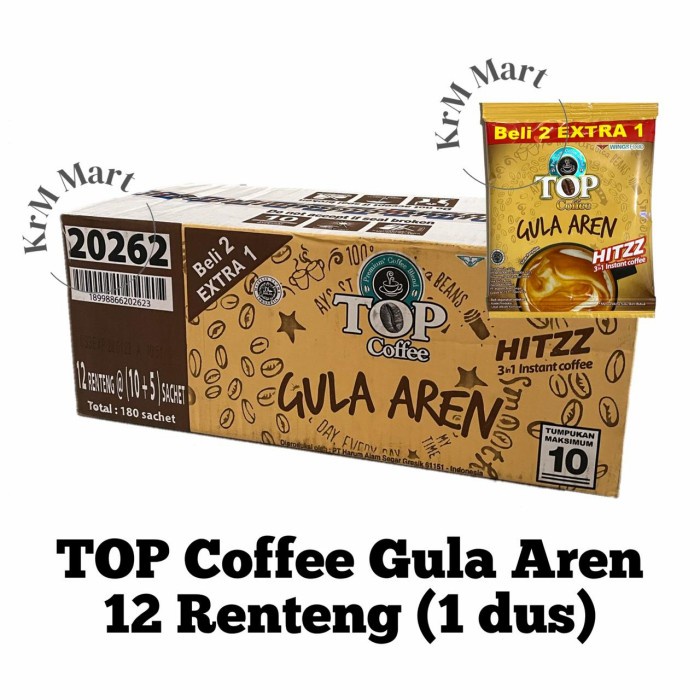 

Top Coffee Gula Aren 1 dus isi 12 renteng renceng hits kopi bubuk