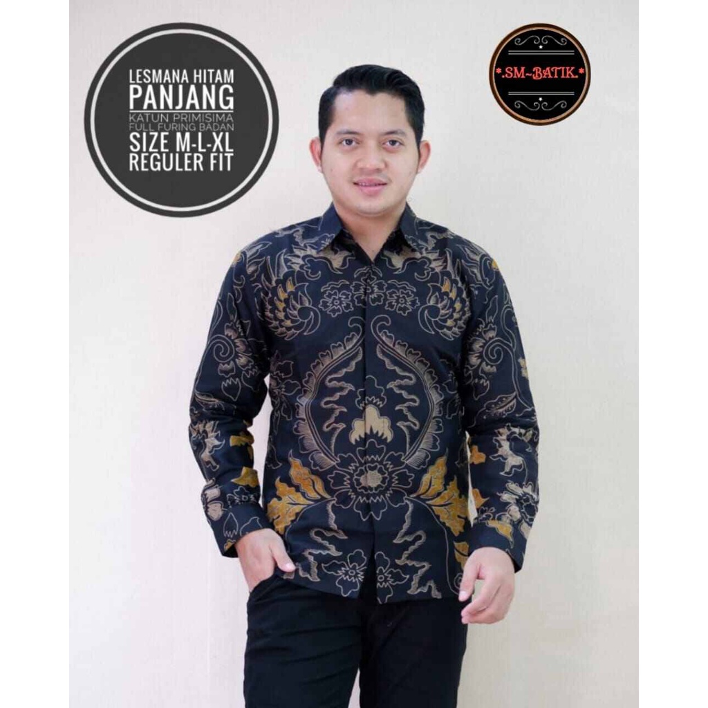 Kemeja batik pria lengan panjang terbaru 2022 / batik pria warna hitam terbaru / baju batik pria warna hitam oren / batik pria lengan panjang LESMANA HITAM / kemeja batik pesta / kemeja batik kerja lengan panjang