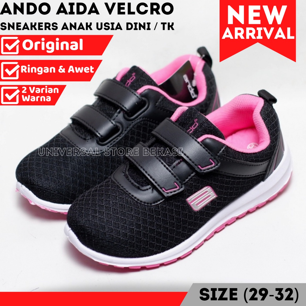 Sepatu Anak Sekolah Perempuan Paud TK Kelas 1 SD Anak-anak Cewek Kecil Ando Perekat Hitam Full Pink Spatu Sneakers Skolah Usia 4 5 6 7 Tahun Size 29 30 31 32 -Aida -