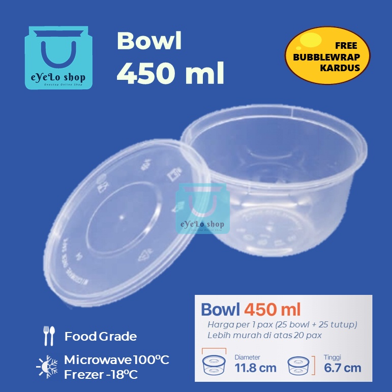 THINWALL BOWL 450 ml - harga per 1 pax isi 25 bowl + 25 tutup - MANGKOK CUP PLASTIK Mangkuk bulat Si