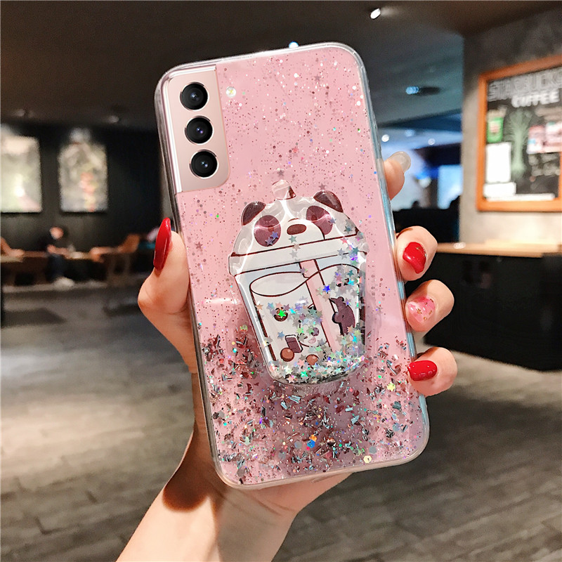 Baru Style Kasing Hp Samsung Galaxy S21 S21 S21 Ultra 5g 21 Case Cute Cartoon Bears Design Quicksand Bracket Phone Casing With Stand Holder For Mi Soft Clear Bling Glitter Back Cover