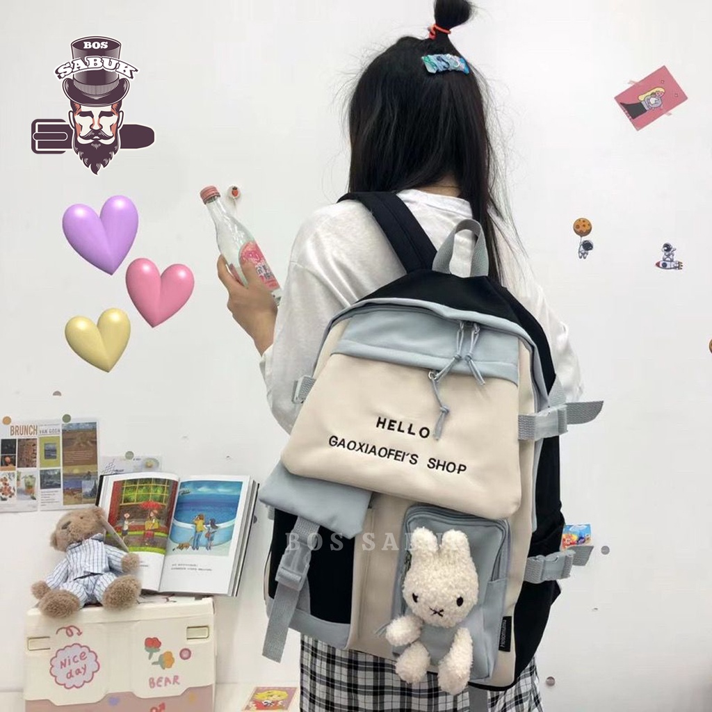 Tas Sekolah Korean Style Tas Ransel Wanita Backpack Korea Fashion Tas Wanita  -BS184-Hitam Boneka