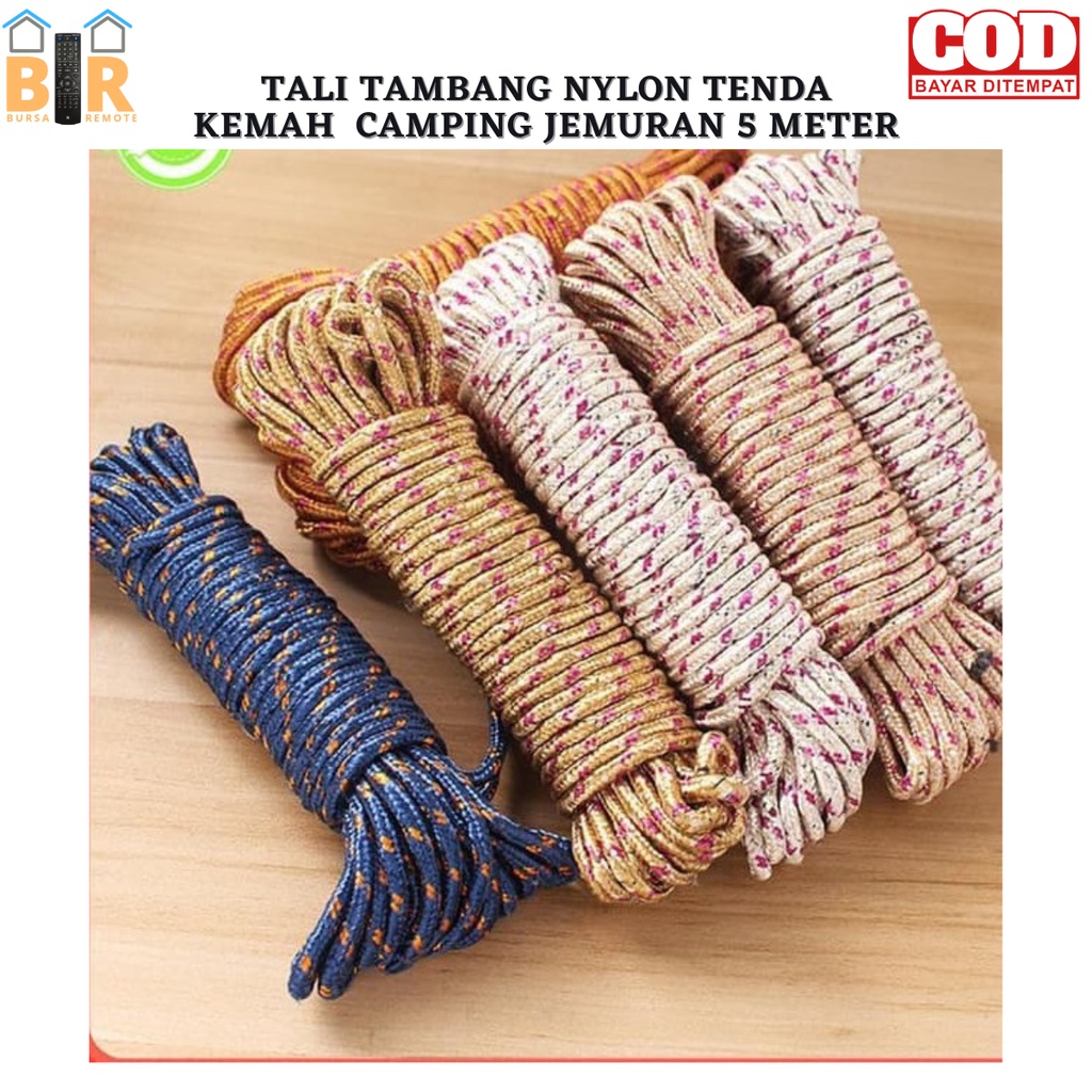 TALI JEMURAN 5meter / TAMBANG KEMAH Nylon untuk Perjalanan Mendaki, Backpacking IKAT BAGASI MOBIL MOTOR SEPEDA