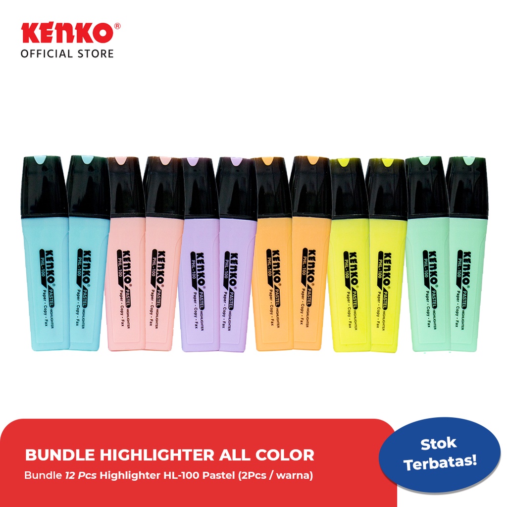 

Paket Bundle Spidol Highlighter Pastel HL-100 Semua Warna 12Pcs