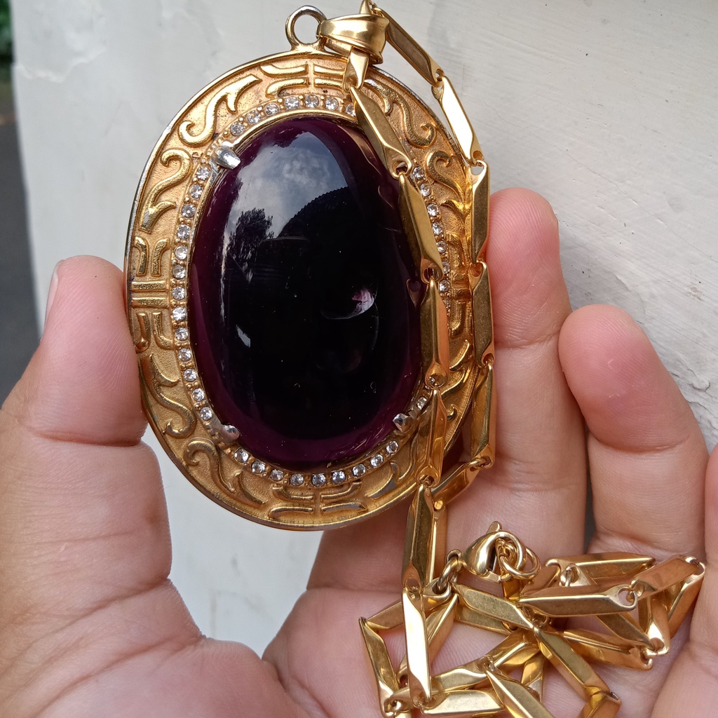 Liontin Batu Akik Kecubung Wulung Jumbo Asli dan Natural Bonus Kalung Titanium
