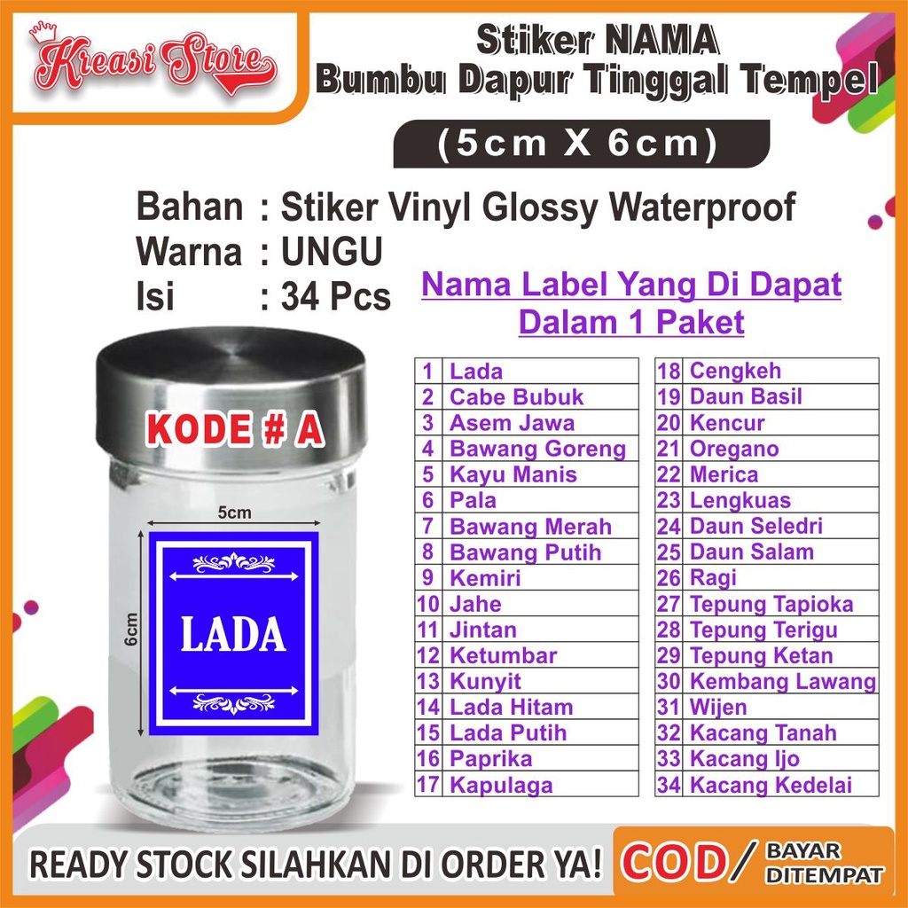 

Stiker Label Nama Bumbu Dapur Waterproof Isi 34 Pcs uk 5x6cm Ready Stock