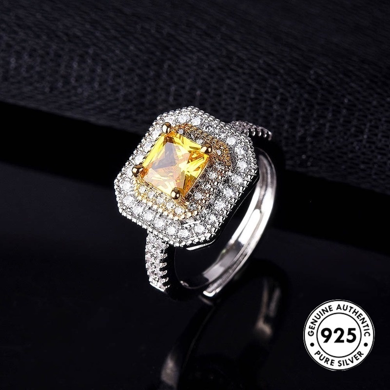 Cincin Tunangan Silver S925 Hias Berlian Kuning Bentuk Kotak Untuk Wanita