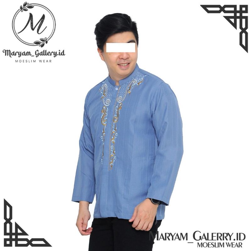Baju Koko Biru Lengan Panjang Bordir Dada Benang Gold