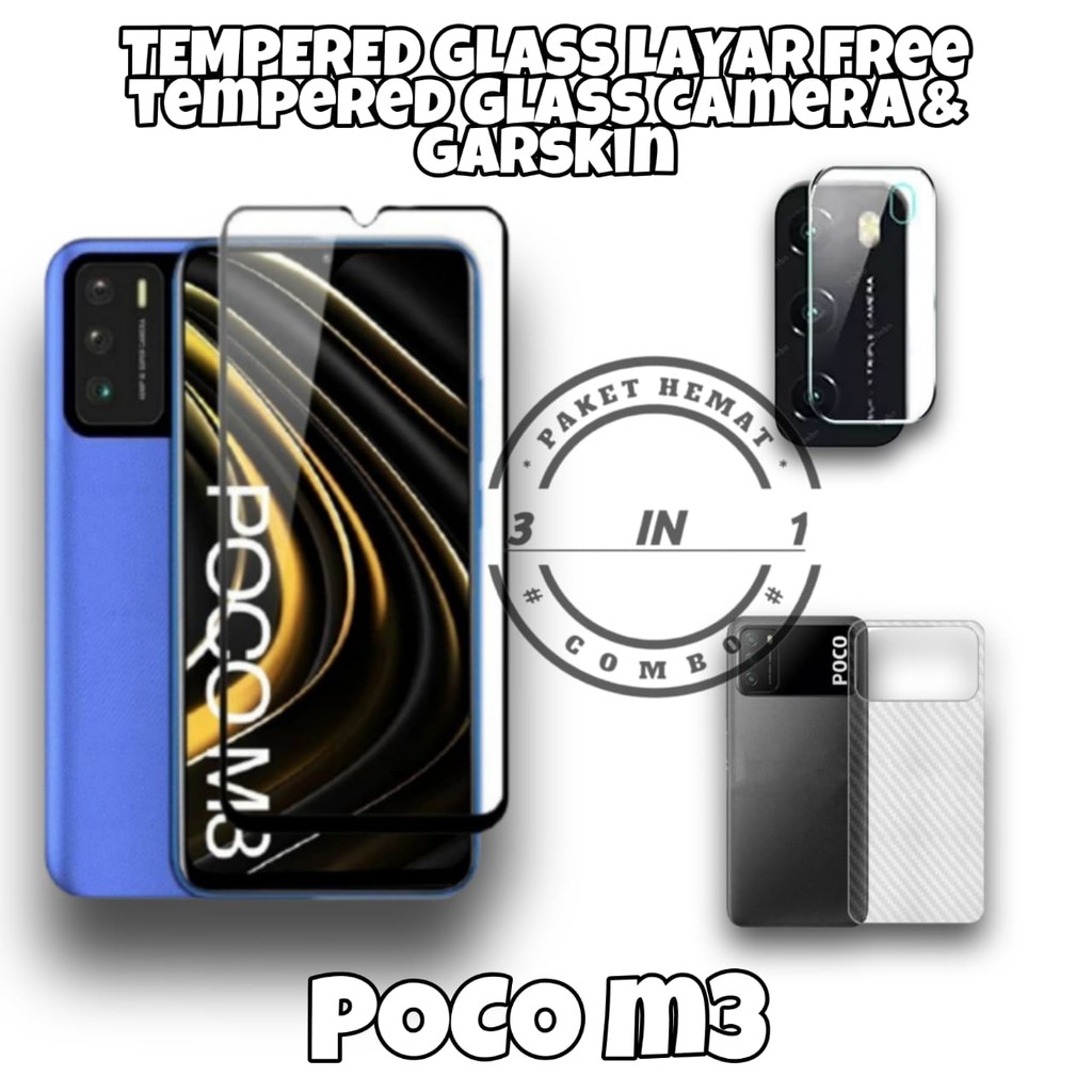 PROMO Tempered Glass POCO M3 Paket 3in1 Tempered Glass Full Cover / Skin Carbon & Kamera