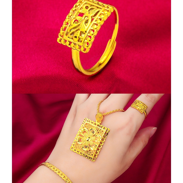 Goldkingdom Perhiasan Fashion 24K Bangkok Aksesoris Ready Stock Minimalis Persegi Merek Dermawan Adjustable Cincin Kalung Set Baru