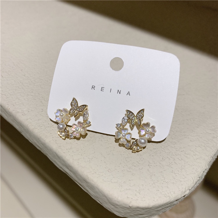 2022 Anting Tusuk Sterling Silver 925 Desain Kupu-Kupu / Bunga Hias Berlian Imitasi Untuk Wanita