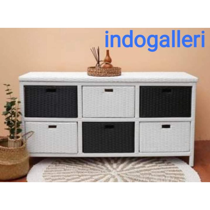 (READY STOK) Lemari Plastik Rotan Sintetis Laci 6 Manjang