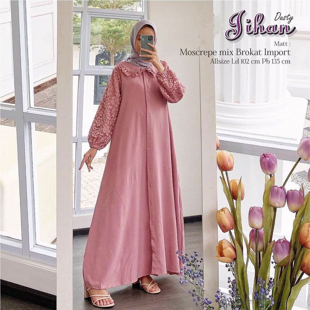 Gamis Brukat Import Moscrepe Premium Lengan Panjang Dress Fashion Muslim Kekinian