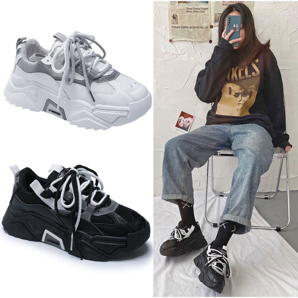 AVANCEID JIYONG Sepatu Sneakers Wanita Olahraga Sport Nyala Kegelapan Glow Hitam Putih Import