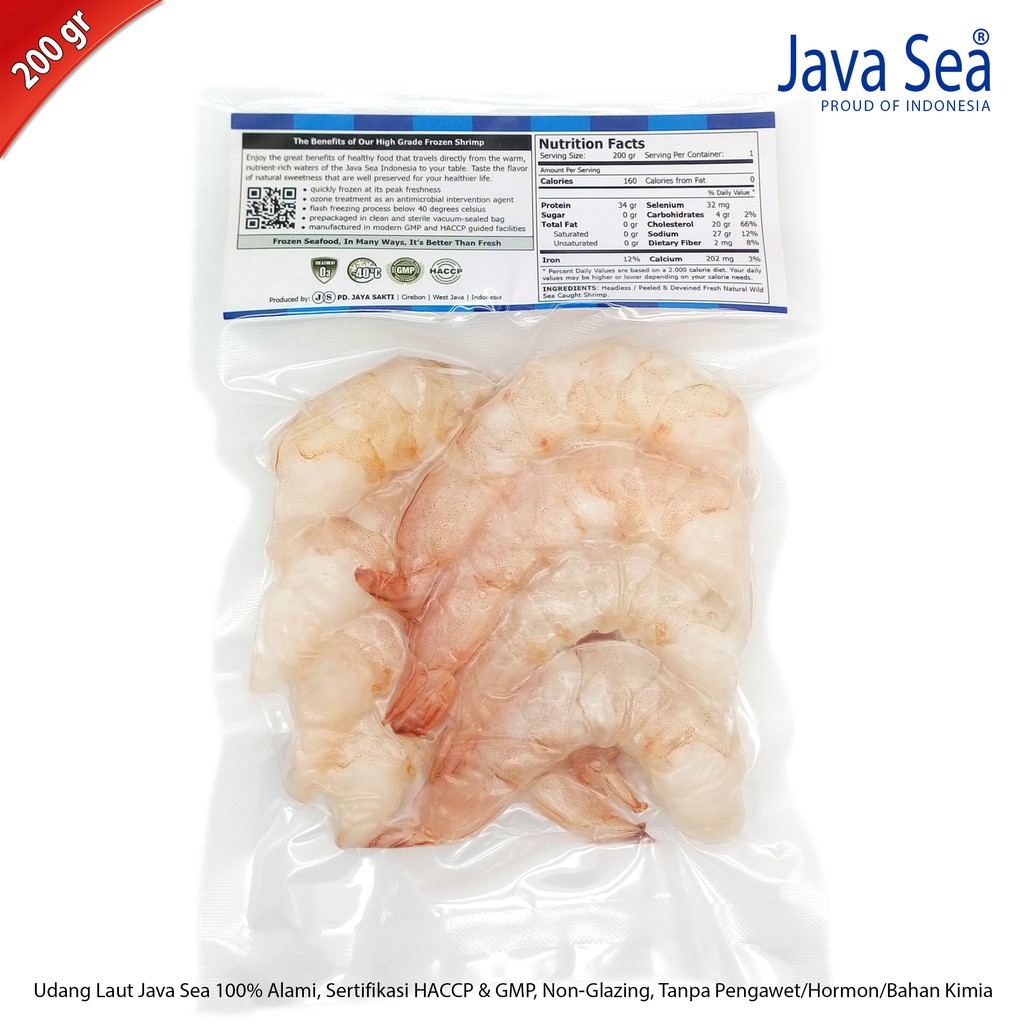 

JAVA SEA Udang Laut Beku Kupas Bersih 15/20 pack 200gr isi 7-10 ekor