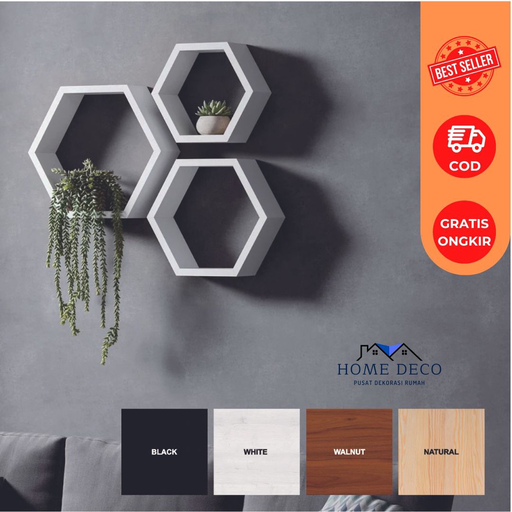 (1 Set 3pcs) RAK SEGI ENAM HEXAGONAL Rak Dinding Segi Enam Kayu