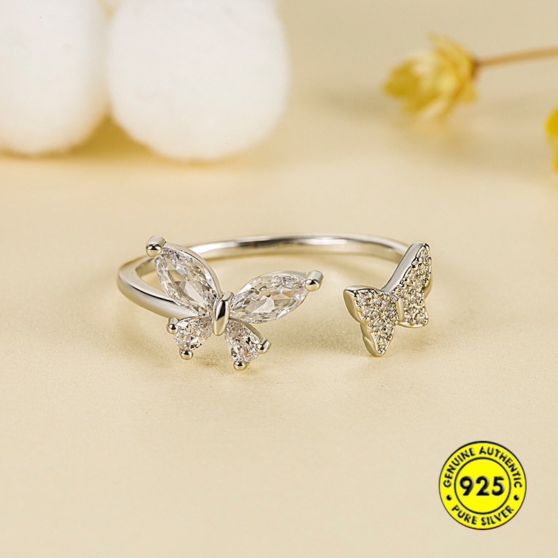 Cincin Model Terbuka Desain Double Butterfly Bahan S925 Silver Aksen Zircon Untuk Wanita