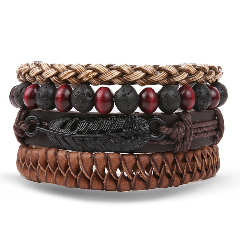 Set Gelang Multilayer Adjustable Bahan Kulit Handmade Untuk Pria