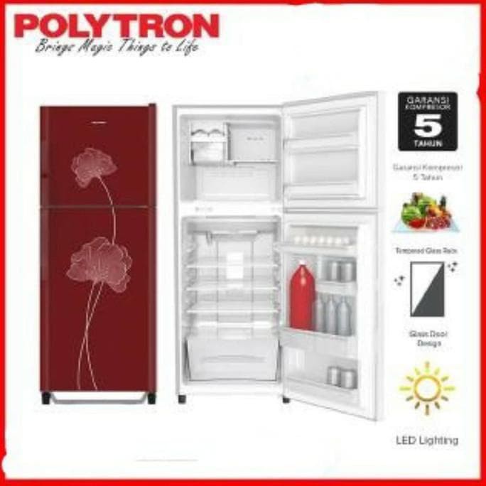 POLYTRON PRM 21 BNR LEMARI ES KULKAS 2 PINTU MERAH MAROON TEMPERED GLASS DOOR 210 LITER / PRM21BNR