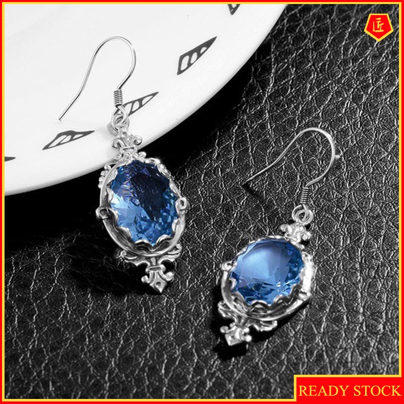 [Ready Stock]S925 Silver Inlaid Topaz Aquamarine Earrings Retro Women's