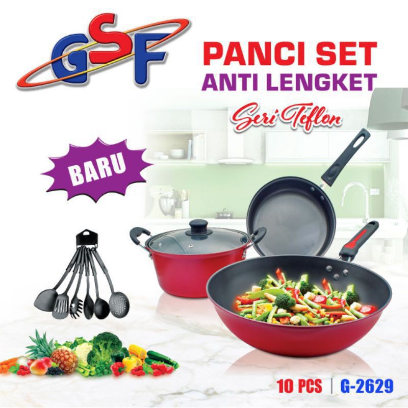 Panci Set GSF Enamel 10 pcs Ori Wajan Panci Tutup Kaca Anti Lengket