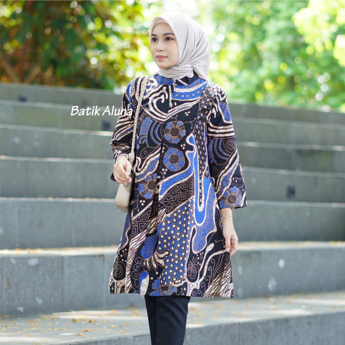 Tunik Atasan Batik Wanita Lengan Panjang Modern Premium Kantor Jumbo Terbaru  FASHION BATIK ALUNA