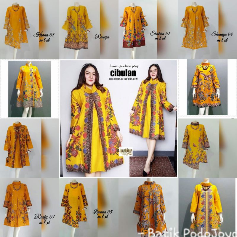 tunik batik atasan wanita kerja kantoran dinas warna kuning kunyit kuning hitam black kuning putih m