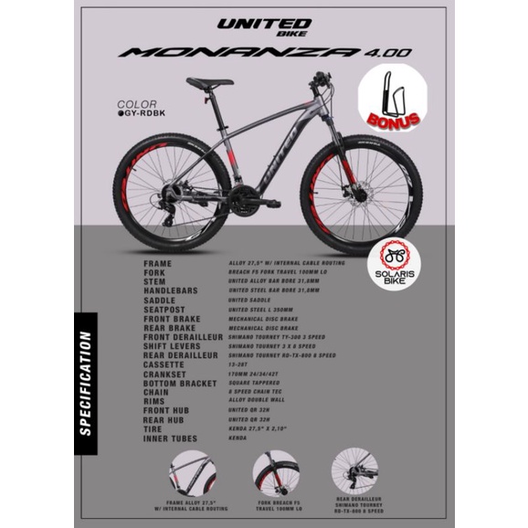 Sepeda Gunung MTB UNITED MONANZA 4.0 27.5 Inch Alloy Shimano