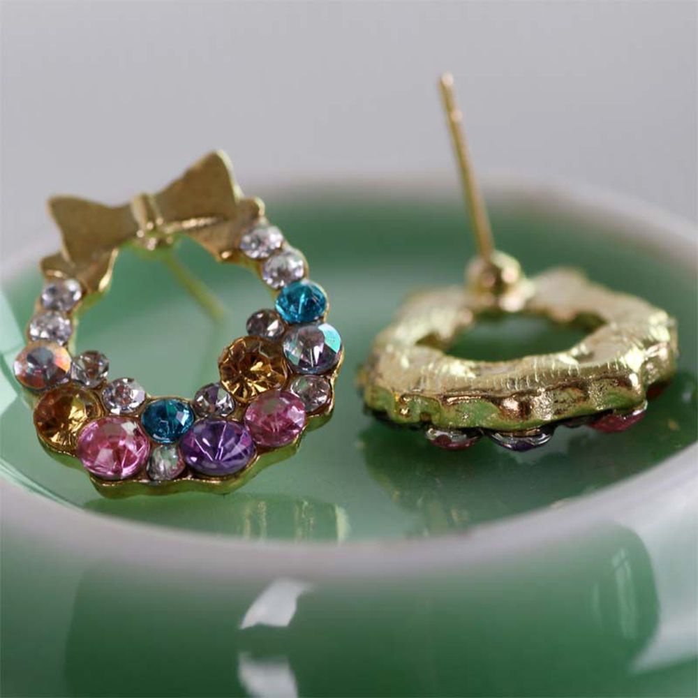 Needway  Jewelry 1 Pair Crystal Stud Gold Women Colorful Bowknot Ear Rhinestone Earring