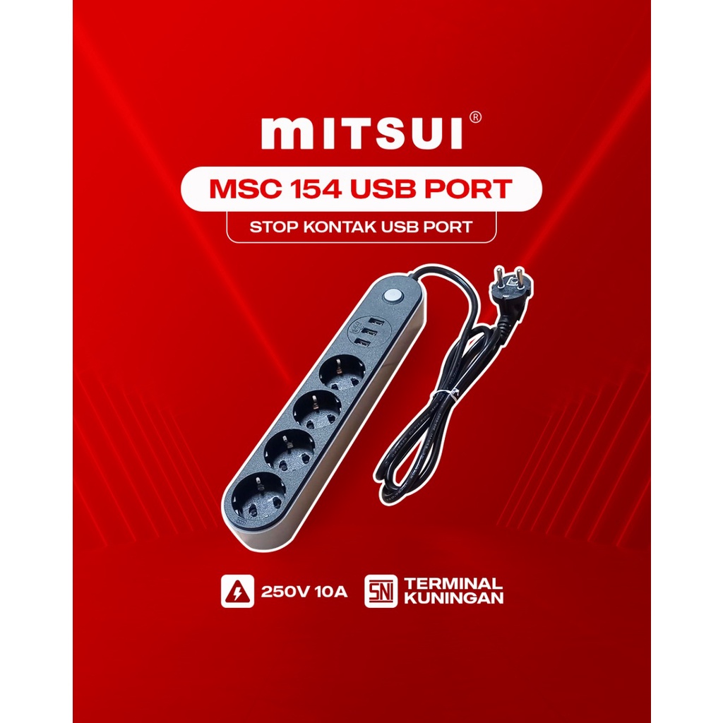 Mitsui Stop kontak Kabel 4 lubang+ 3 USB Port + Kabel 1,6 M Mitsui MSC 154