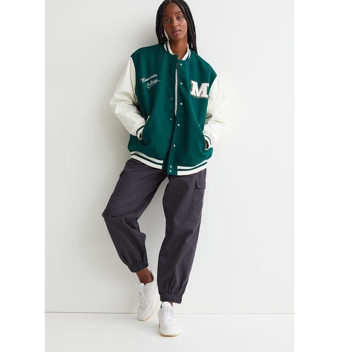 8Z4 Jaket   Varsity jacket hnm Hijau Lengan Kulit Jacket  pria wanita