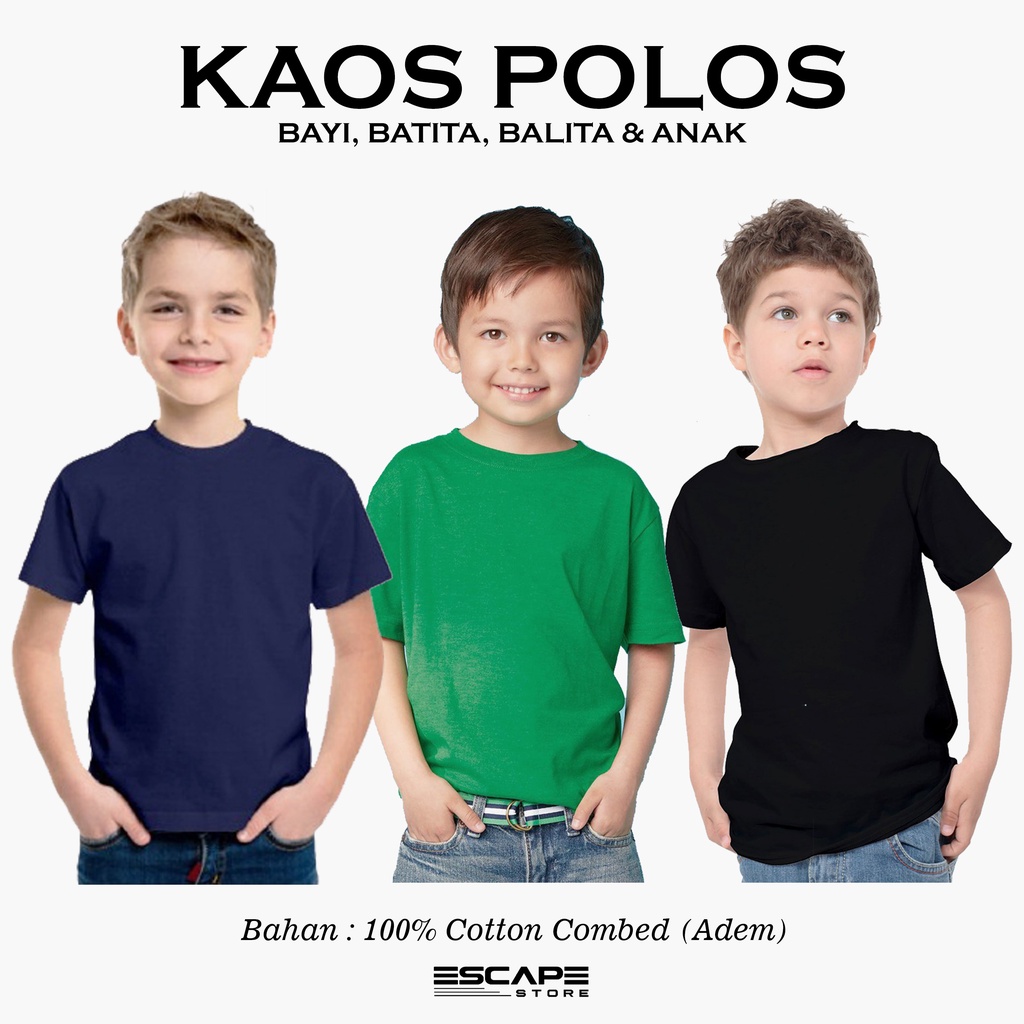 Kaos Polos Anak Bayi Batita Balita Cewe dan Cowo Bahan REAL COTTON COMBED Adem dan Nyaman Size S, M dan L Standart Distro Murah . Polosan Baju Anak