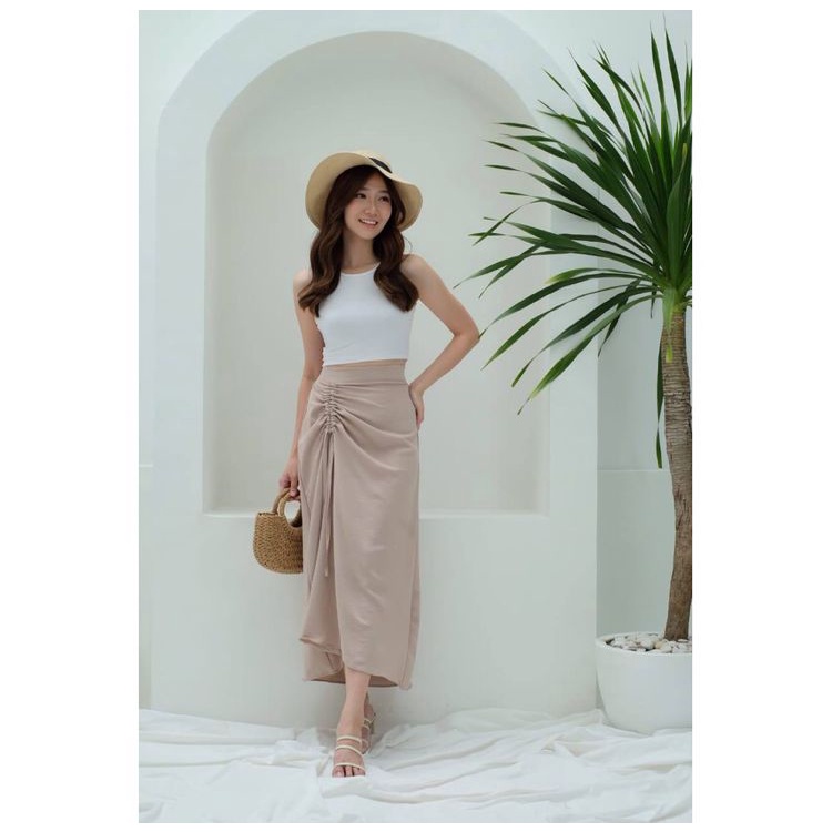 Tamara Skirt - Rok Serut Casual Korean Look -  Midi Maxy  Skirt - Rok Wanita Korean Terbaru - Rok Crinkle-Cream