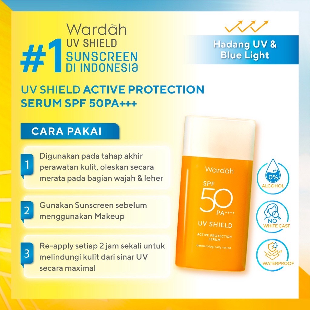 WARDAH UV Shield Active Protection Serum SPF 50 PA++++ Indonesia / Sunblock Wajah 35ml / Waterproof / Sun Care Sunscreen Tabir Surya UVA UVB Blue Light Protector Protect Pelindung Sinar Matahari Kulit Tubuh / Gel Stick Cream Lotion / Skincare Face Series